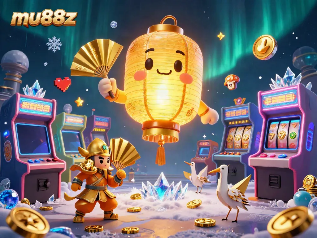 Engage with colorful slots and gaming fun at mu88z, featuring vibrant arcade machines and playful spirits.