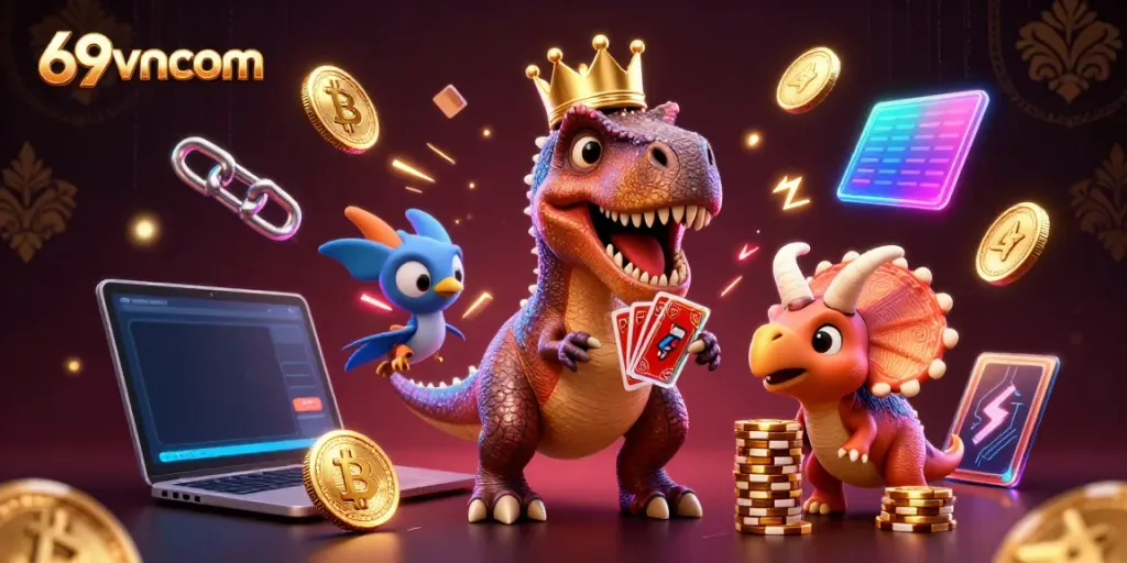Engage in exciting gameplay at 69vncom with a friendly dinosaur shuffling cards in a vibrant casino scene.