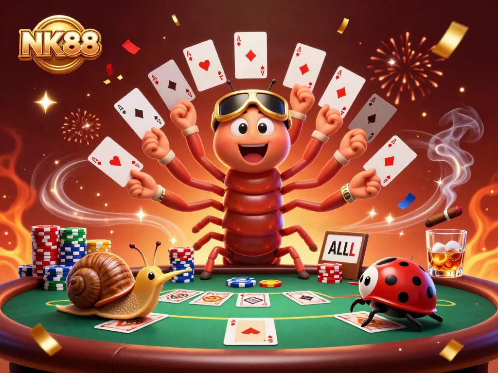 Experience NK88's thrilling poker night with vibrant characters and chips galore.