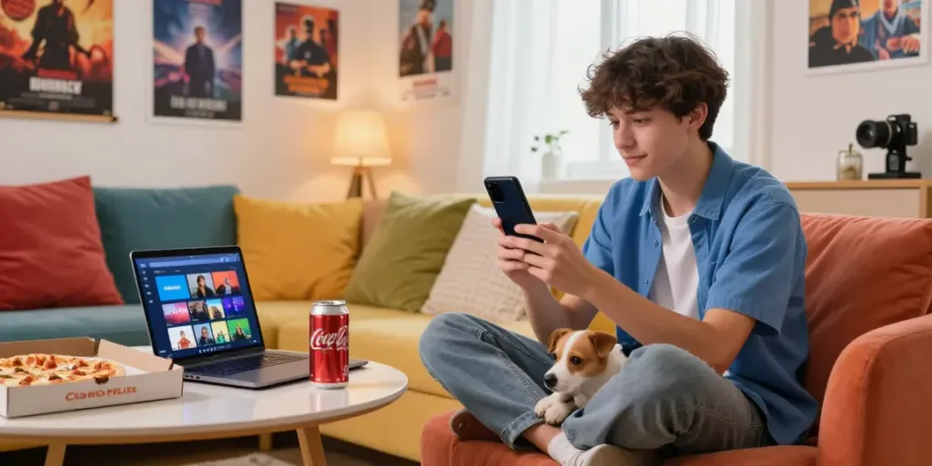Teen streaming CocoFlix on a smartphone in a cozy room with lively decor at www.cocoflixapk.com.