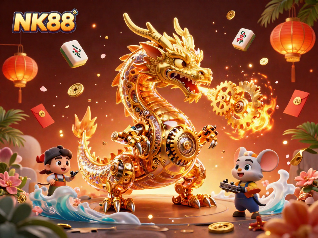 Experience the thrill of NK88 with a dazzling dragon and casino flares in this vibrant illustration.
