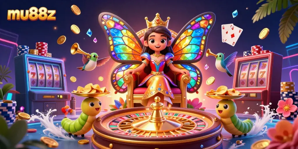 Experience the magical world of mu88z with vibrant casino elements and enchanting characters.