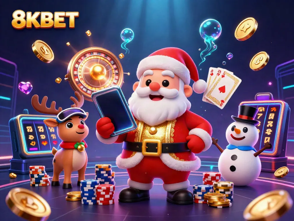 Experience exciting wins with 8KBET's engaging casino atmosphere adorned by festive characters.
