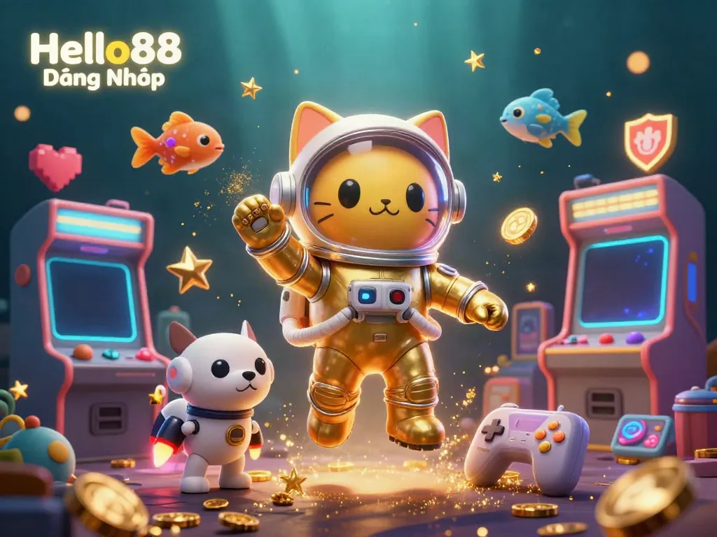 Hello88 Đăng Nhập with a cat astronaut and robot dog in a vibrant casino-themed universe.