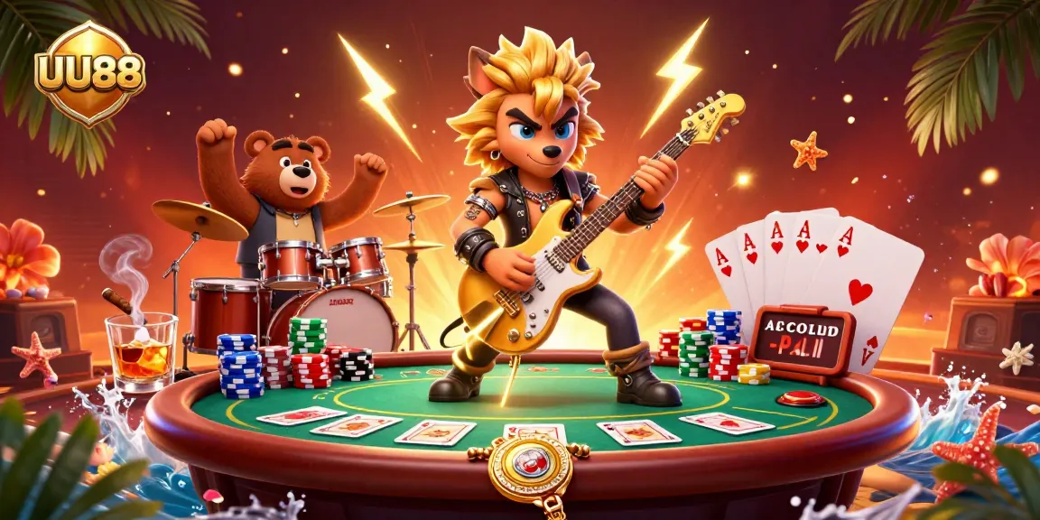 Experience thrilling gameplay with UU88 as a wolf rock star and bear drummer energize the casino scene.