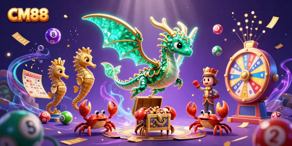 Experience thrilling gameplay with CM88 as vibrant lottery elements and a majestic sea dragon create an exciting casino atmosphere.