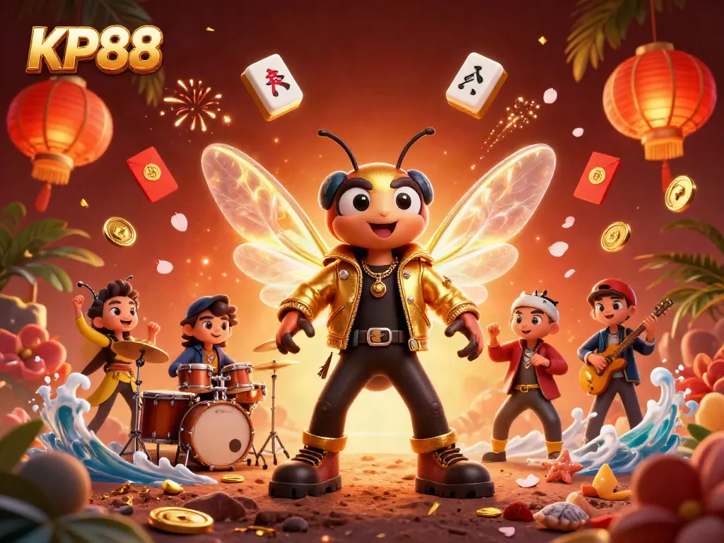 Experience excitement with KP88's vibrant 3D casino scene featuring a cicada rock star and dynamic elements.