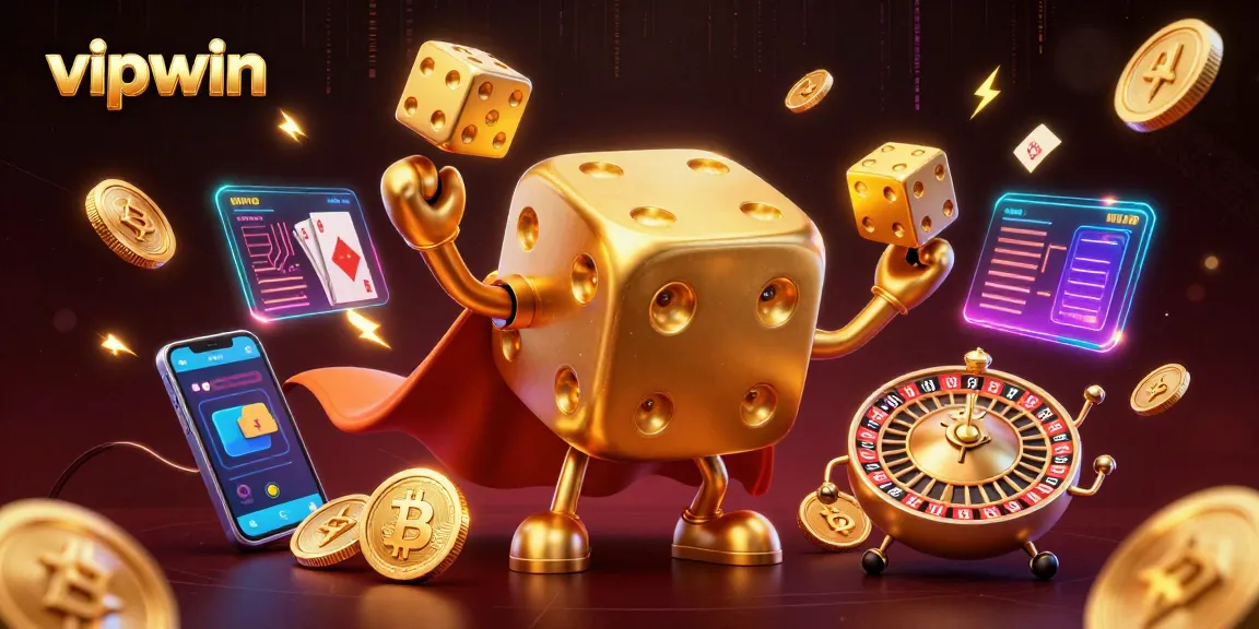 Play exciting games at vipwin with golden dice golem, surrounded by neon crypto elements and casino symbols.