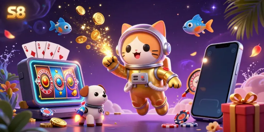 Experience a vibrant gambling scene featuring S8's colorful slot game with unique characters.