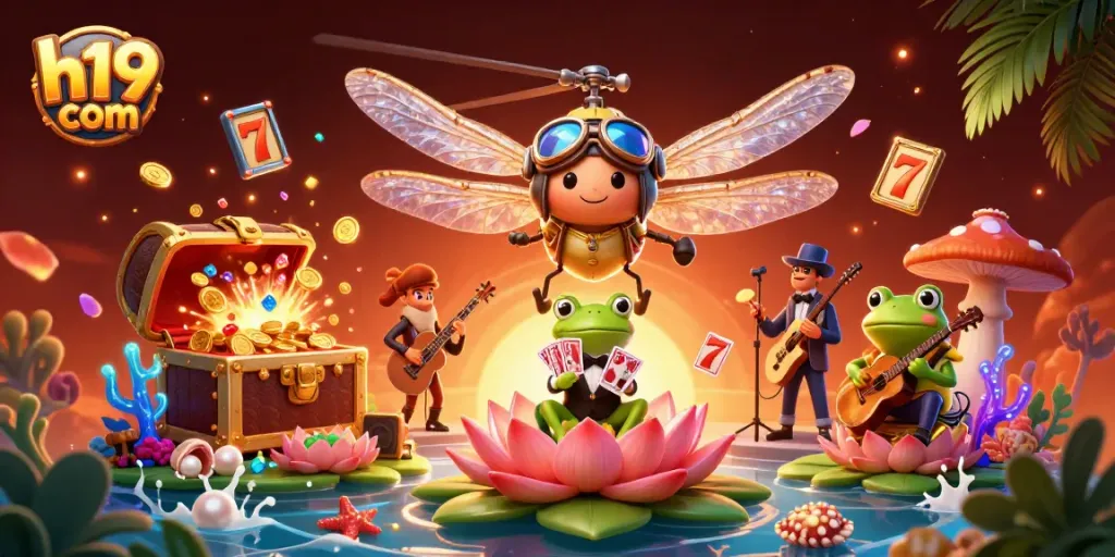 Experience thrilling moments at h19 com with a lively casino scene featuring unique characters, games, and vibrant energy.