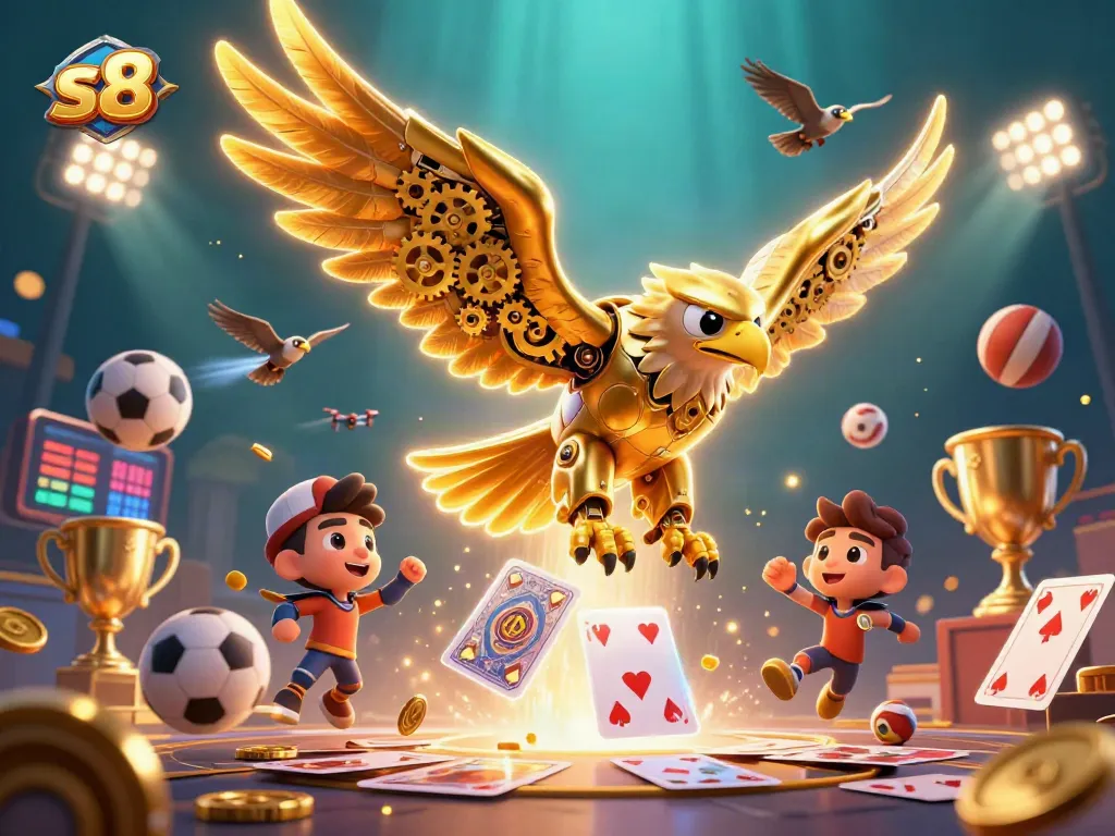 s8 betting scene featuring a dynamic golden eagle navigating through cards and 3D sports elements.