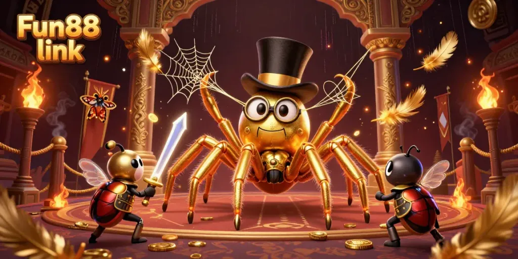 Engage with a vibrant Fun88 link scene featuring a golden tarantula and knight in a lively casino atmosphere.