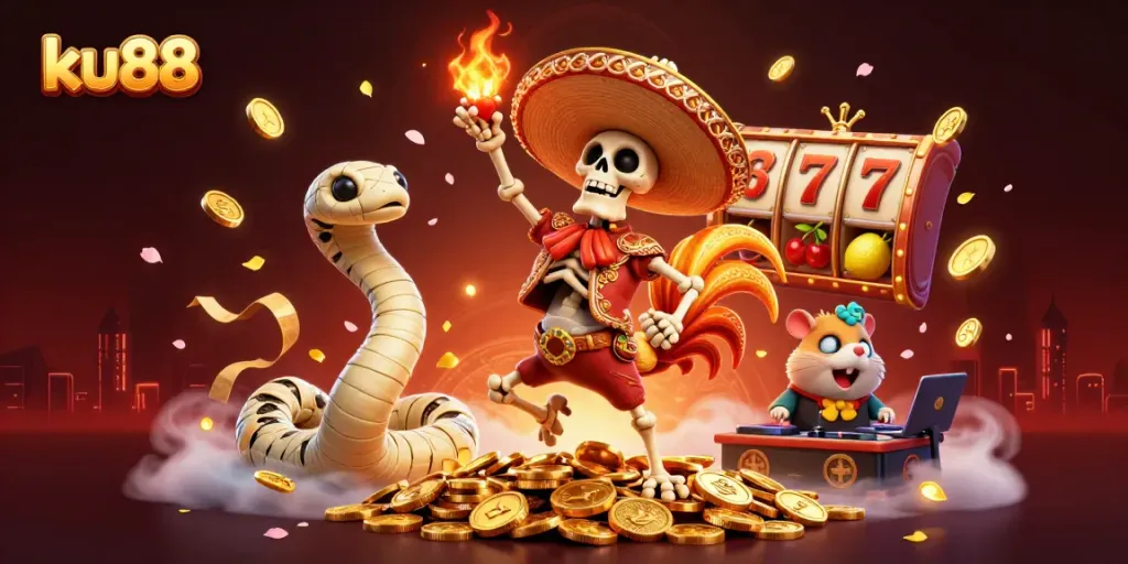 Experience the thrill of ku88 in this vibrant digital illustration featuring a lively casino scene with winning characters and game elements.