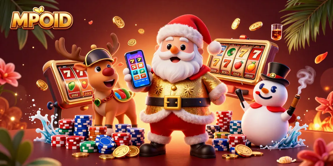 MPOID animated scene showcasing a jackpot-winning casino atmosphere with Santa and friends.