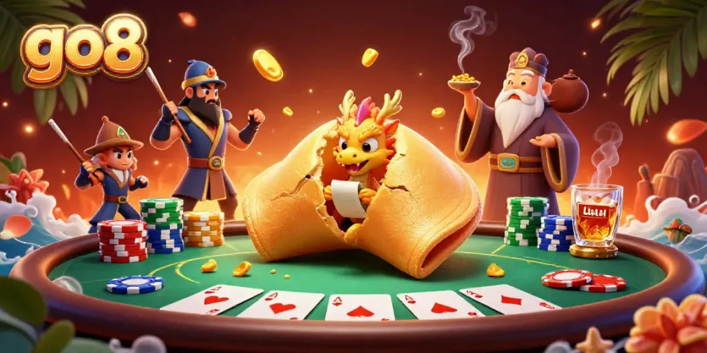 Experience the thrill of go8 with a dynamic casino scene featuring a golden fortune cookie, wise dragon, and poker elements.