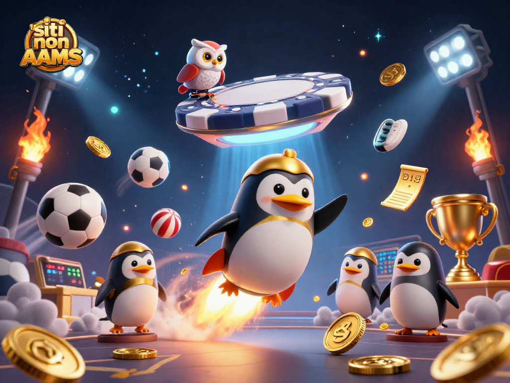 Scopri i migliori siti non AAMS con il nostro divertente pinguino dorato in un'illustrazione di casinò spaziale.