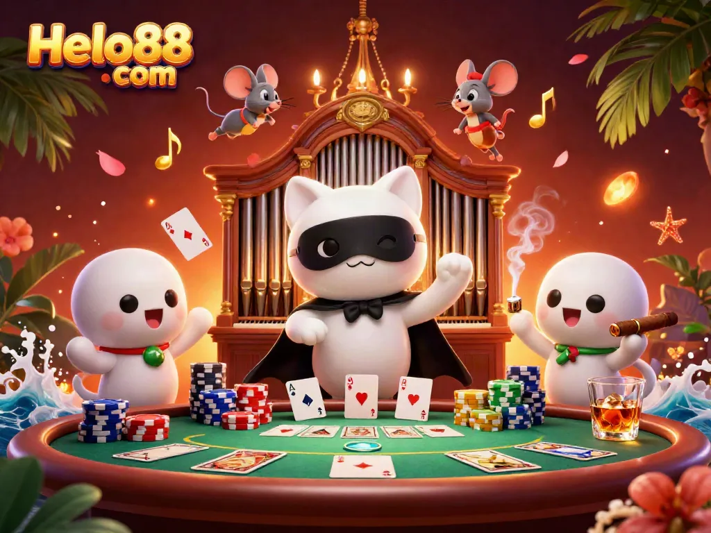 Experience thrilling gameplay at Helo88 com with a spectacular casino scene featuring a stylish cartoon cat and an array of poker elements.