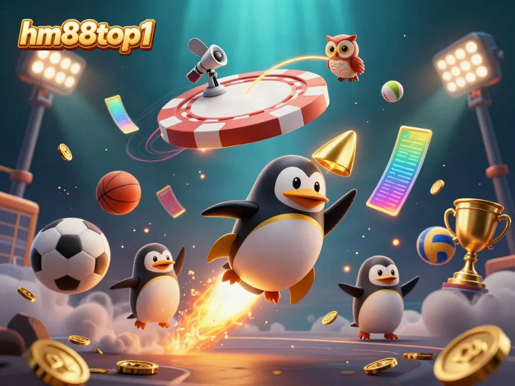 Experience the excitement of hm88top1 with a golden penguin racing towards a casino space station in a vibrant 3D scene.
