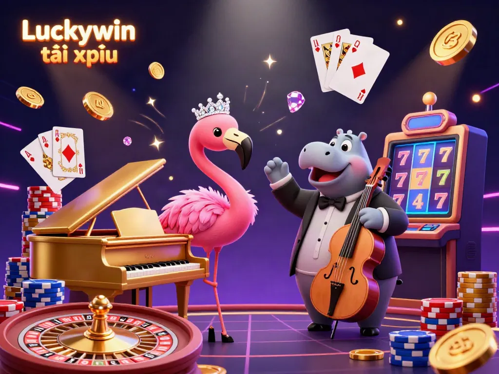 Engage with Luckywin tài xỉu in an exciting casino scene featuring sparkling coins, game elements, and vibrant characters.