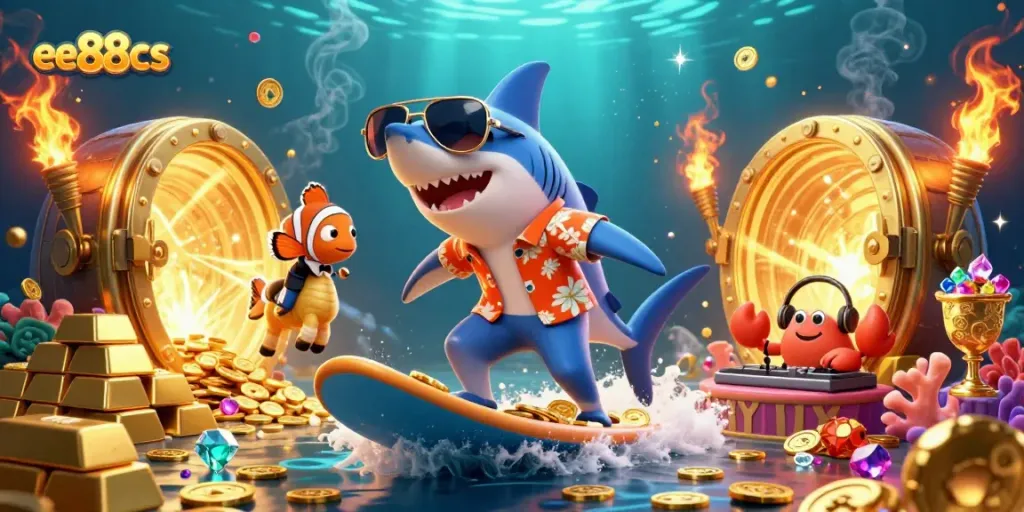 Experience the excitement of gaming at ee88cs with a dynamic underwater treasure scene featuring a shark and vibrant characters.