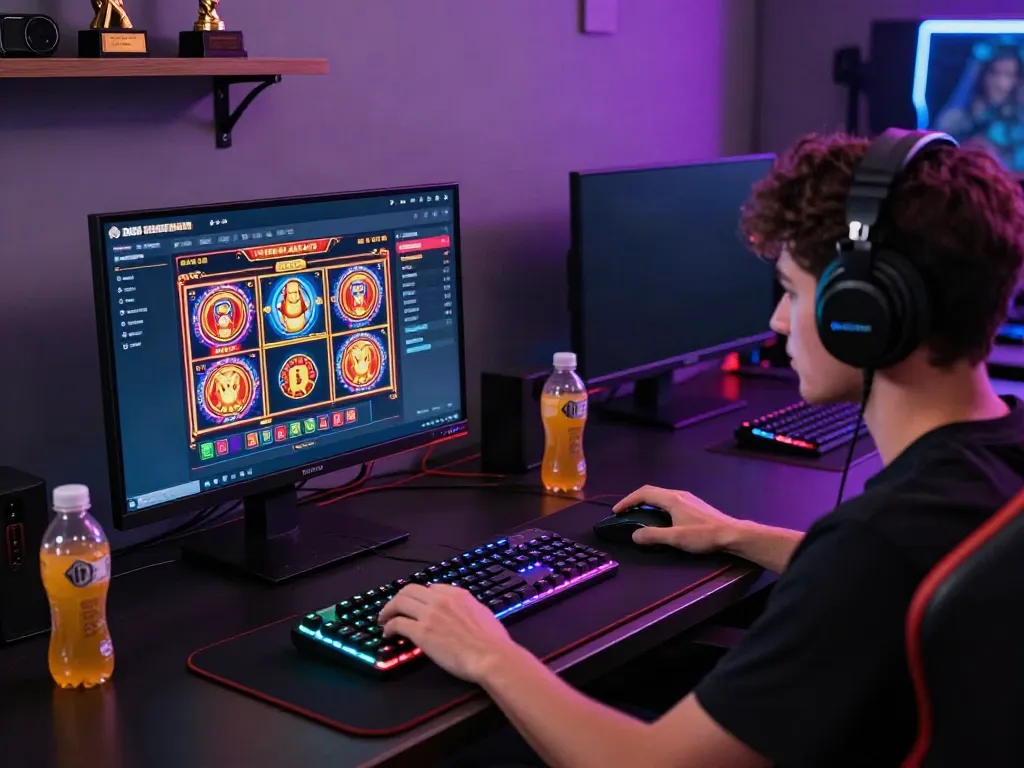 Player enjoying engaging slot games on https://da88z.net/ with gaming gear in a modern setup.
