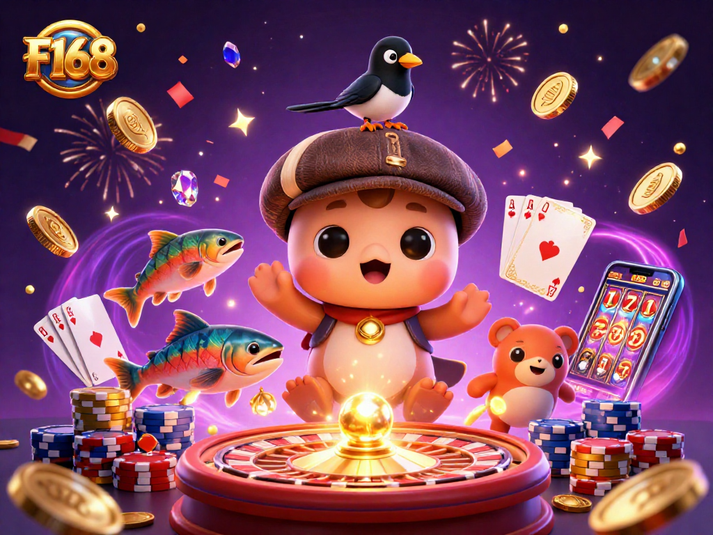 Engage with F168's casino experience featuring a playful Nessie, spinning roulette, and sparkling gems.