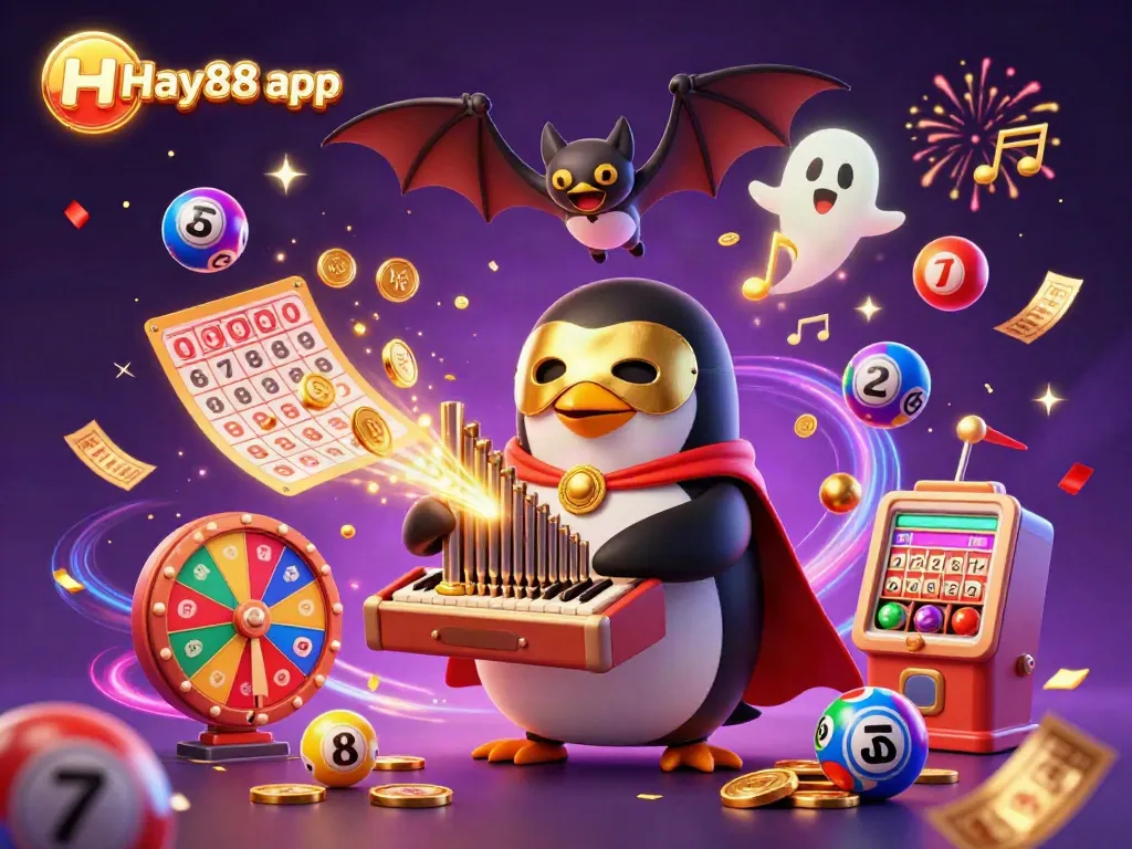 Experience excitement with the Hay88 app in a lively casino-themed scene full of colorful games.
