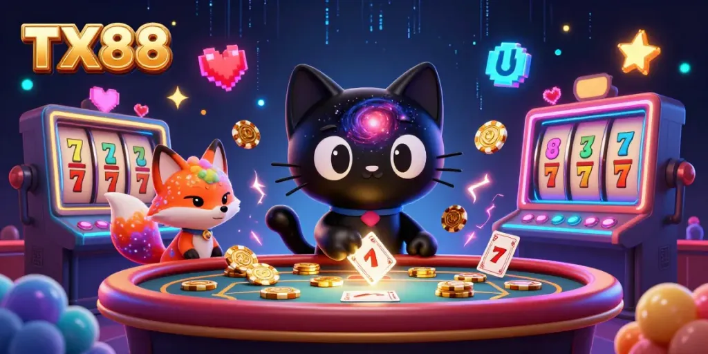 Engage with TX88 by winning golden chips at the cosmic casino table during a gambling adventure.