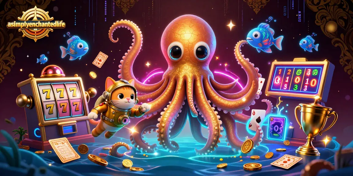 Engage with asimplyenchantedlife’s vibrant online casino scene featuring a kraken, diving cat, and slot machines.