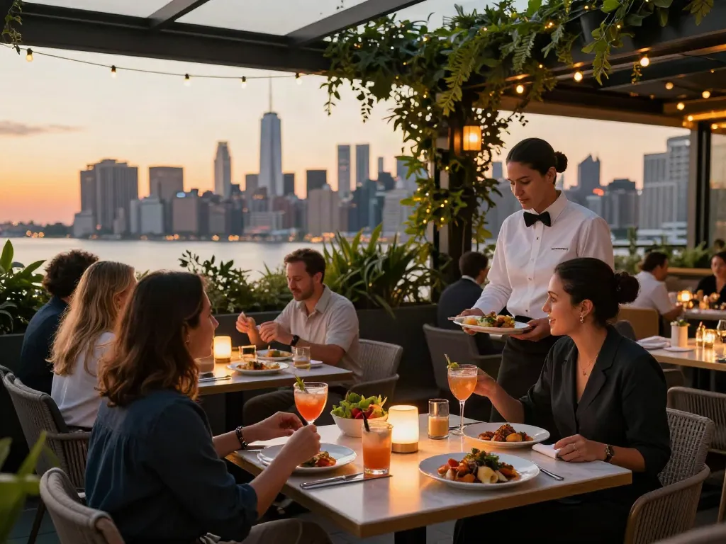 Diners at NoHu enjoying cocktails and gourmet dishes with stunning Manhattan skyline views during sunset.