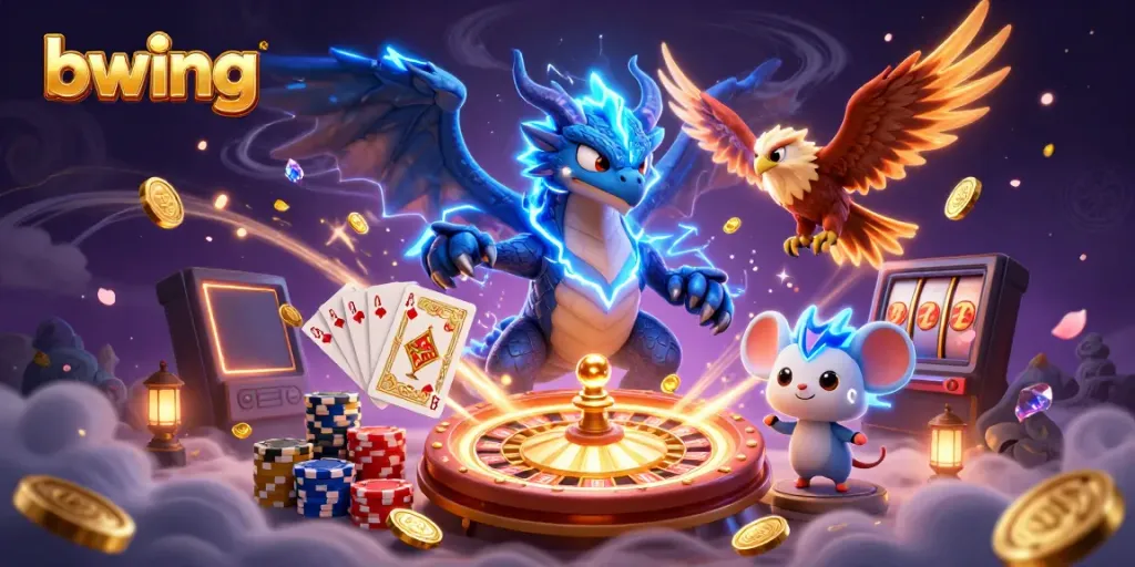 Experience bwing's vibrant casino adventure with dynamic 3D characters amid golden treasures and game elements.