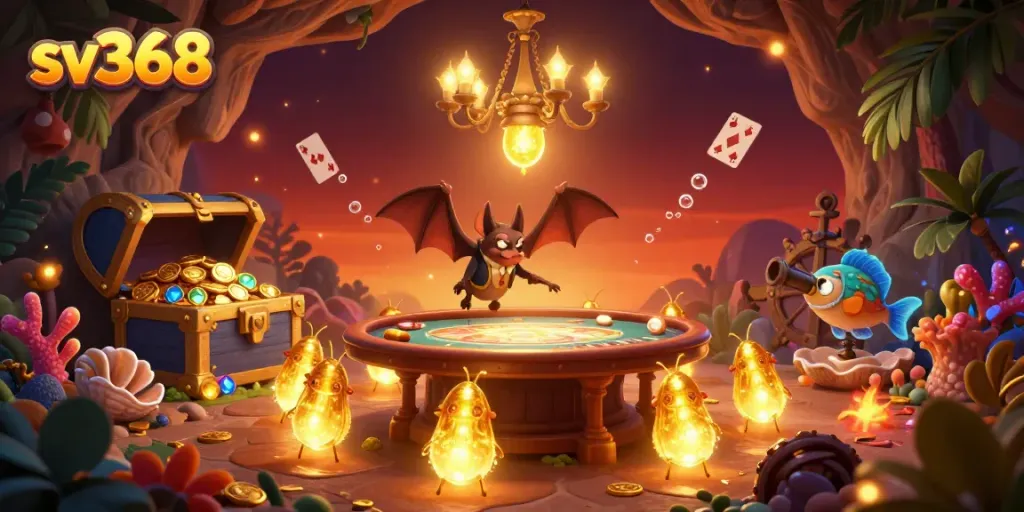Engage with sv368's vibrant cave casino featuring glowworms and a playful bat dealer amidst whimsical treasures.