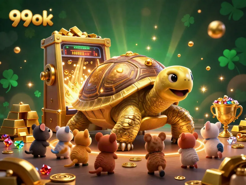 Experience thrilling gameplay at 99ok with a delightful cartoon scene of a golden tortoise pinball machine attracting excited players.