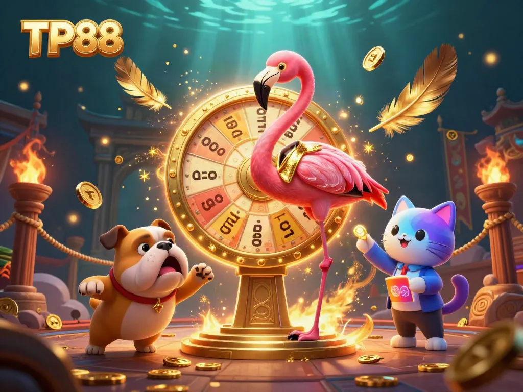 TP88 showcasing a vibrant scene with a flamingo game host, bulldog contestant, and prizes in an exciting casino setup
