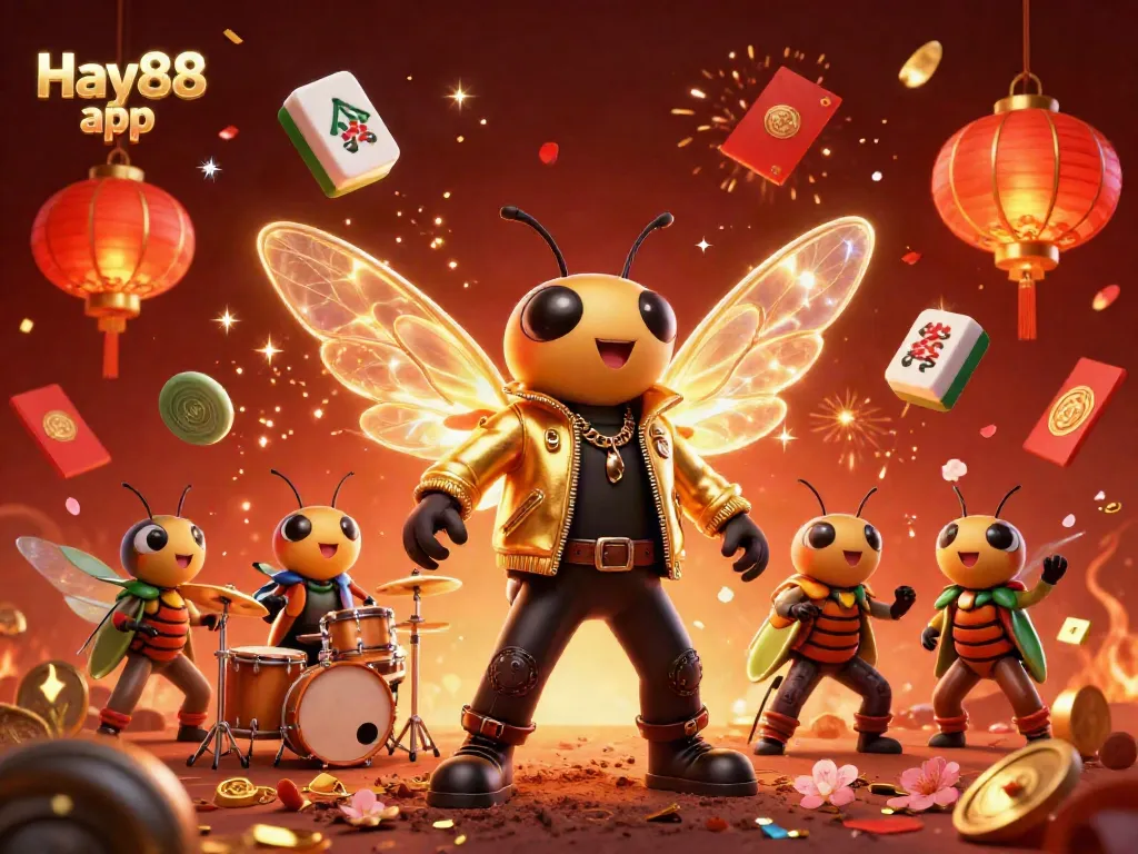 Experience the thrill of the Hay88 app with a vibrant 3D illustration of casino characters and festive elements.
