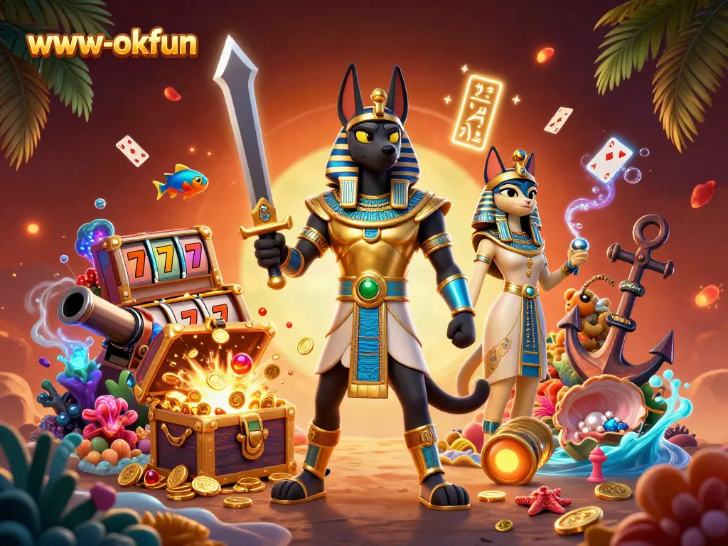 Experience thrilling wins at www-okfun with Anubis and Bastet among vibrant gaming elements.