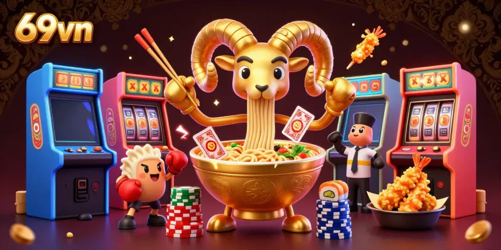 Engage in thrilling gameplay at 69vn with a lively illustration of a golden ramen bowl character surrounded by vibrant casino themes.