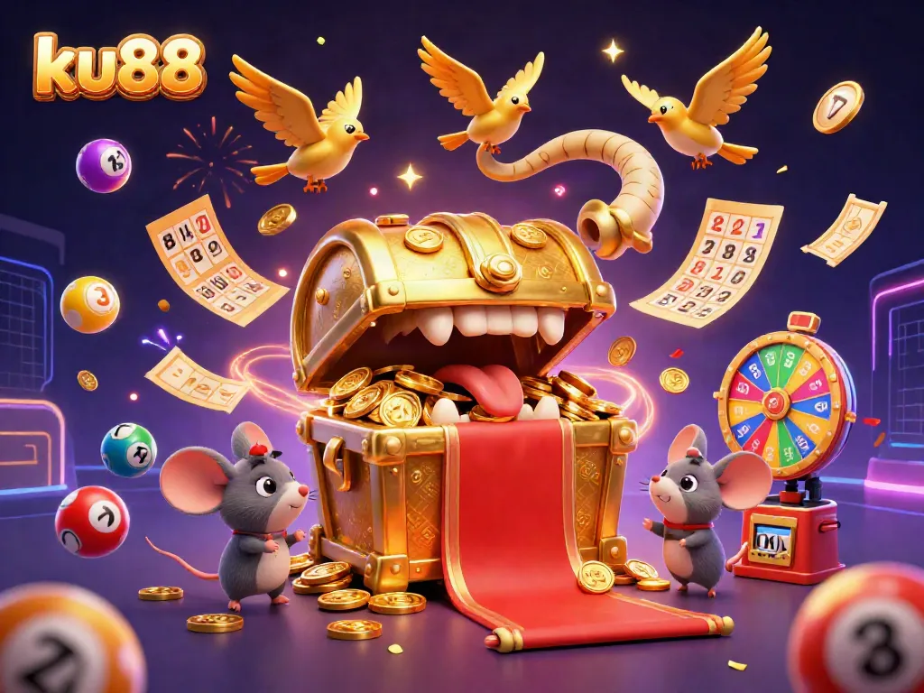 Engage in thrilling gaming adventures at ku88 with vibrant lottery elements and a magical treasure scene.