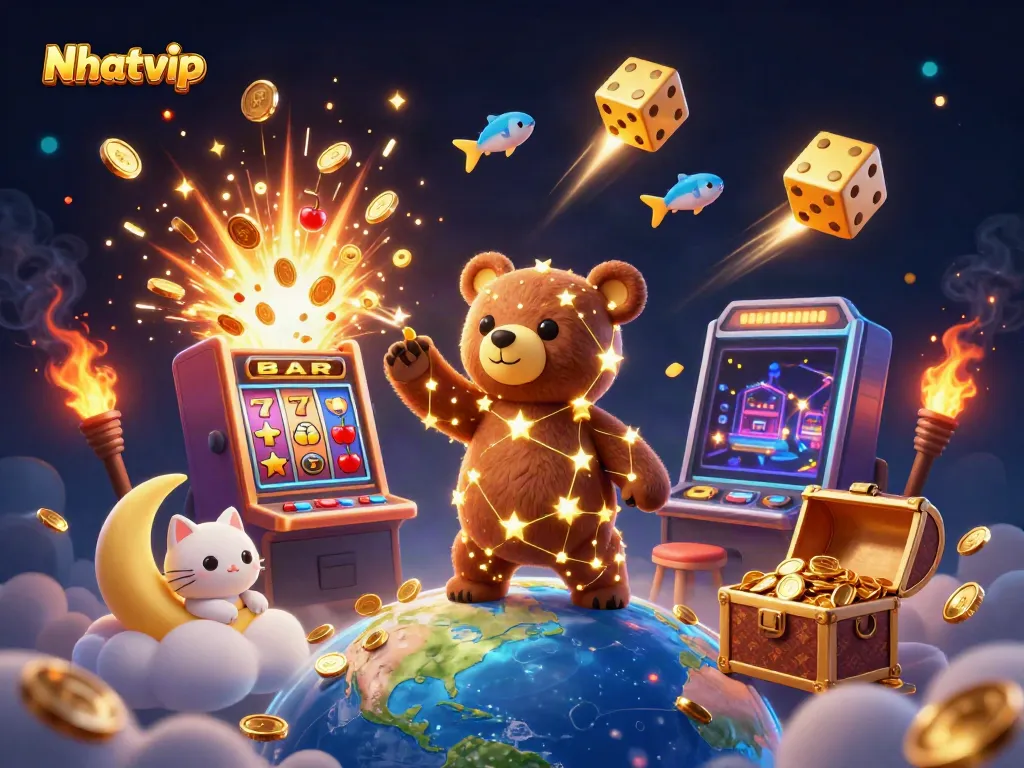 Nhatvip offers exciting online gambling with a star-filled casino scene and vibrant game elements.
