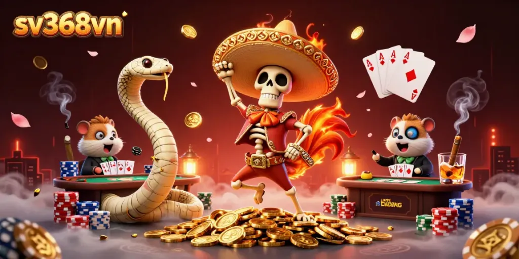 Experience excitement at sv368vn with lively characters dancing among poker elements and golden coins.