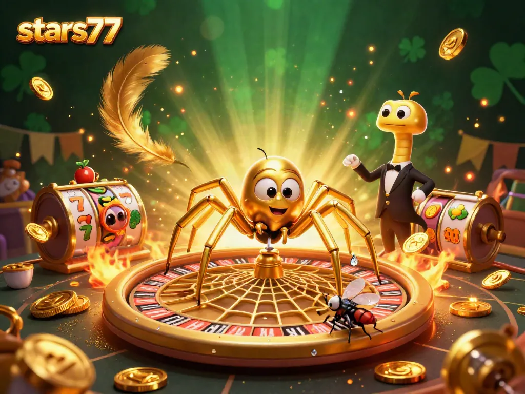 Permainan slot dinamis di stars77 dengan laba-laba emas dan koin bersinar.