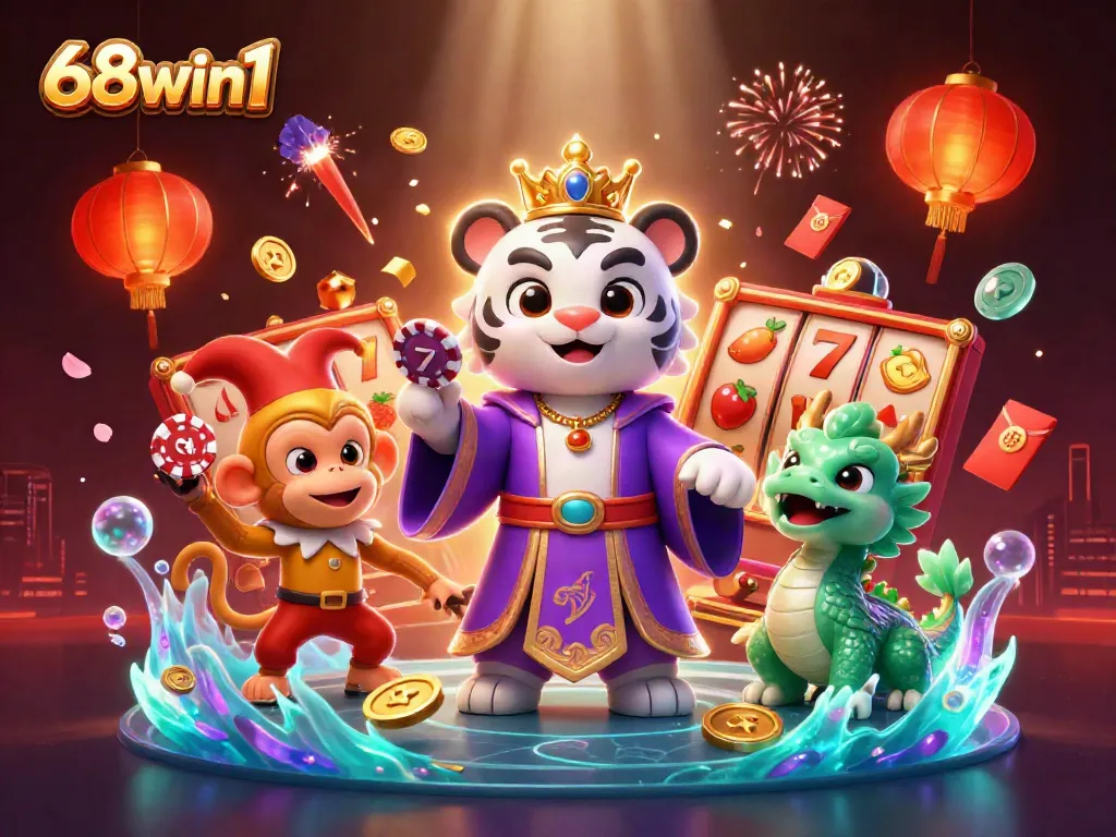 Engage in thrilling gameplay at 68win1 with vibrant 3D characters and casino symbols.