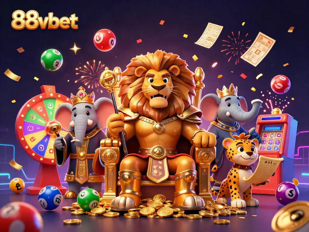 Experience thrilling wins with 88vbet's vibrant casino games featuring a regal lion king and lively characters.