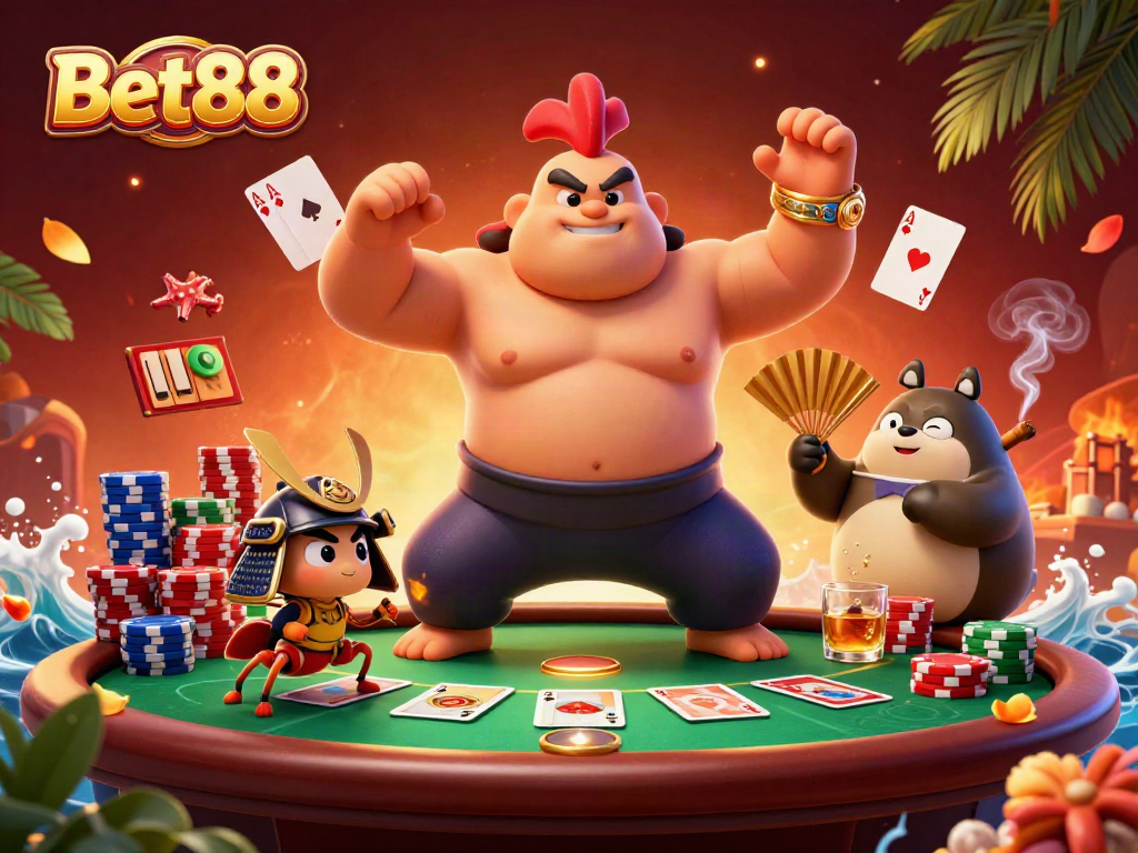 Bet88 showcases an intense poker battle with a powerful sumo chicken and samurai cricket in a vibrant casino scene.