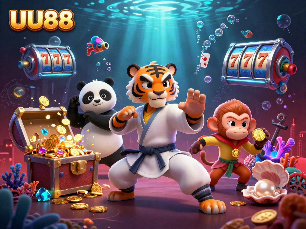 Engage with UU88's gaming action featuring a kung fu tiger, panda disciple, and playful monkey in a vibrant casino-themed scene.