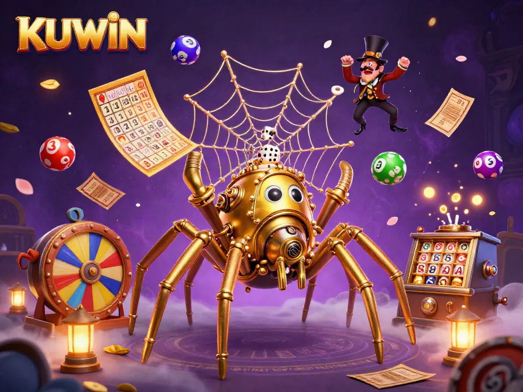 Experience thrilling gameplay at KUWIN with a steampunk spider catching dice and colorful lottery elements.