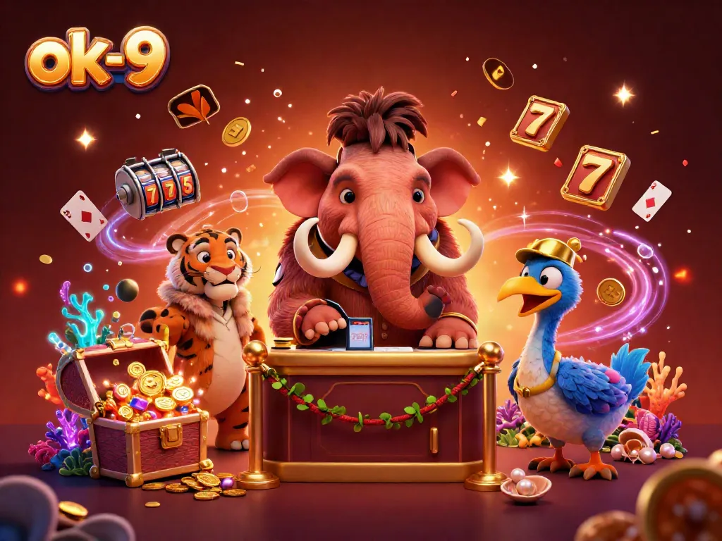 Experience the energy of ok-9 with the whimsical woolly mammoth bouncer and gleaming jackpots in this vibrant casino illustration.
