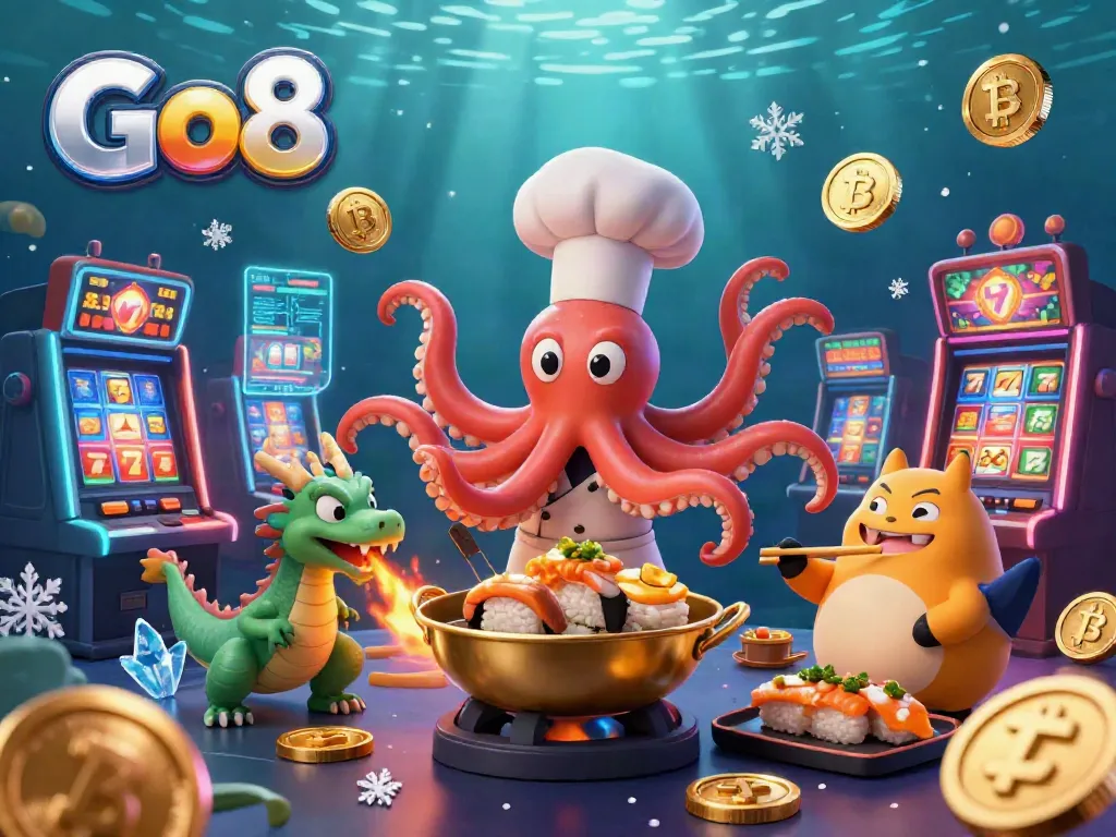 Experience the Go8 casino adventure with a lively octopus chef and dragon amidst vibrant slot machines.