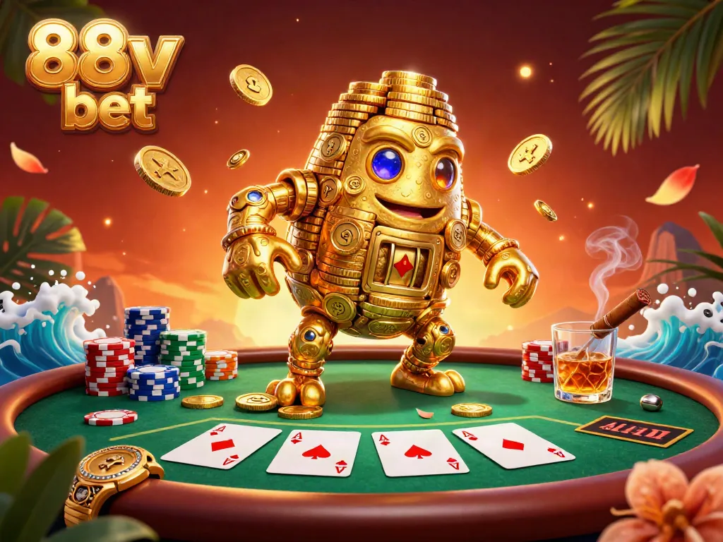 Engage with 88v bet's vibrant casino scene featuring an ancient golden golem surrounded by vibrant poker elements.