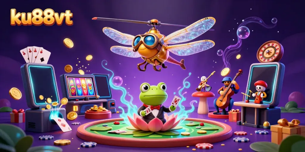 Experience exciting gaming at ku88vt with immersive scenes of dragons and frogs at a vibrant casino.